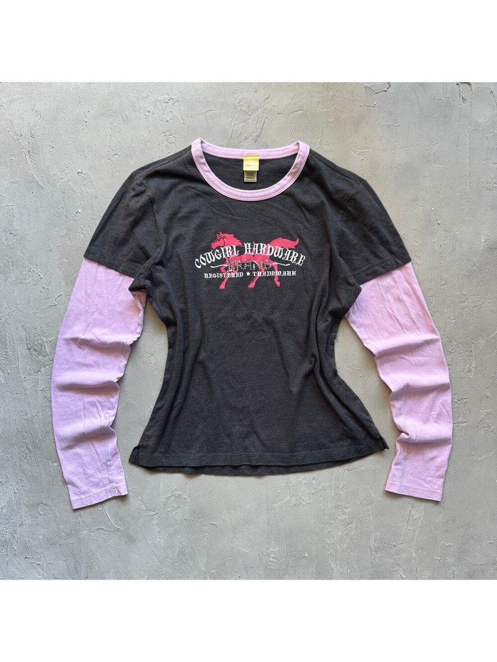 Vintage Y2K Cowgirl Hardware Horse Graphic Layered L/S Gray Pink Tee Size M